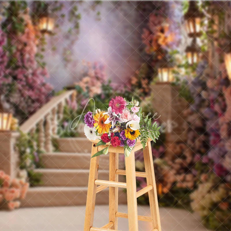 Aperturee - Aperturee Enchanting Floral Staircase Photography Backdrop with Romantic Lanterns Fairytale Garden Theme