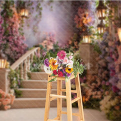 Aperturee - Aperturee Enchanting Floral Staircase Photography Backdrop with Romantic Lanterns Fairytale Garden Theme