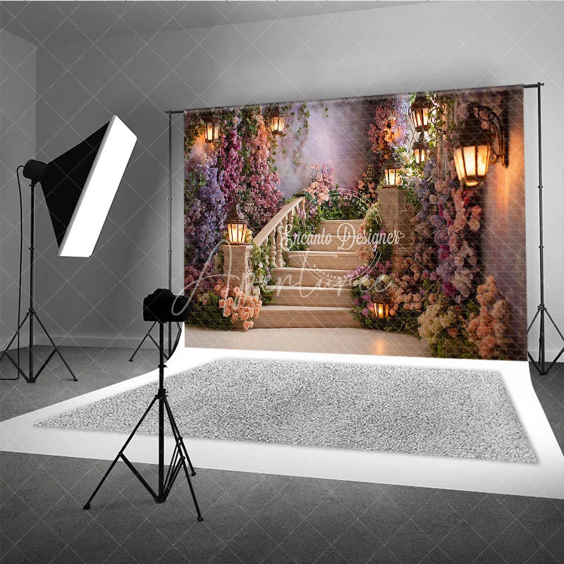 Aperturee - Aperturee Enchanting Floral Staircase Photography Backdrop with Romantic Lanterns Fairytale Garden Theme