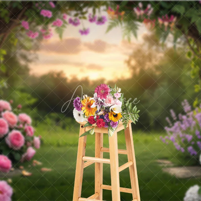 Aperturee - Aperturee Enchanting Garden Arch Photography Backdrop with Pink Roses Purple Lavender and Sunset Glow for Spring Party Decor