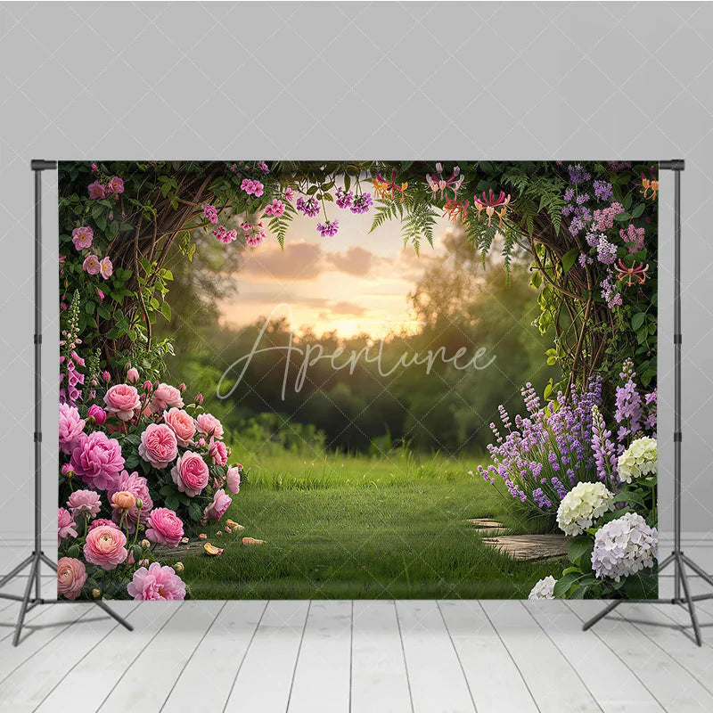 Aperturee - Aperturee Enchanting Garden Arch Photography Backdrop with Pink Roses Purple Lavender and Sunset Glow for Spring Party Decor
