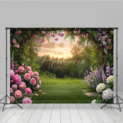 Aperturee - Aperturee Enchanting Garden Arch Photography Backdrop with Pink Roses Purple Lavender and Sunset Glow for Spring Party Decor