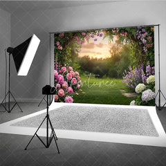 Aperturee - Aperturee Enchanting Garden Arch Photography Backdrop with Pink Roses Purple Lavender and Sunset Glow for Spring Party Decor