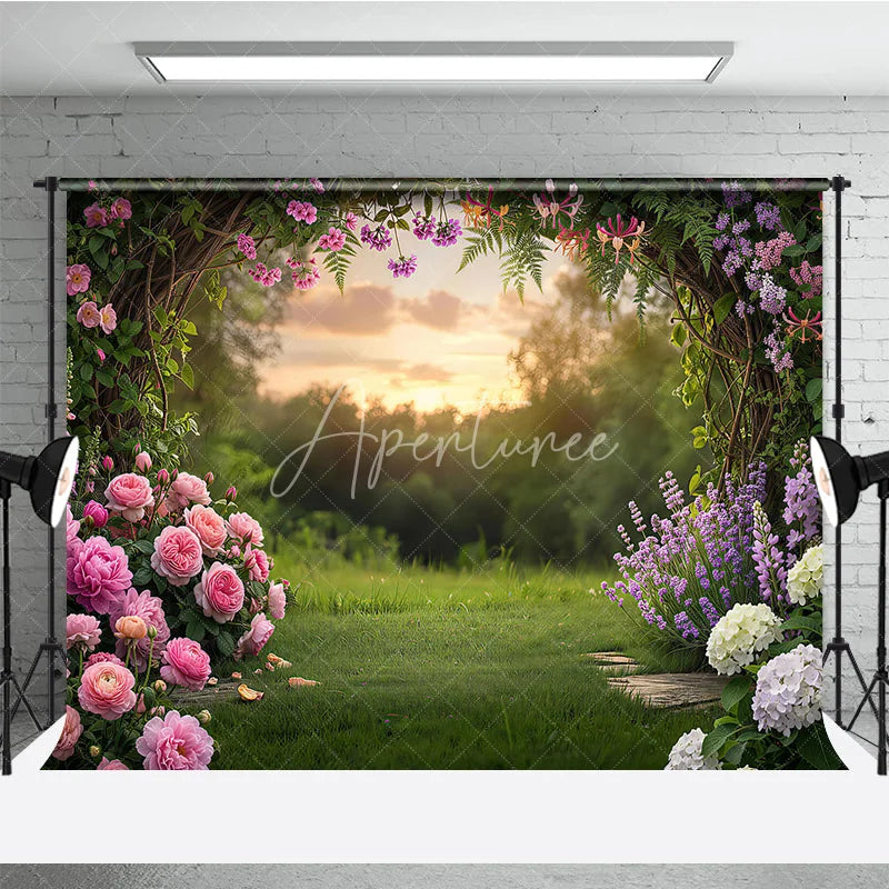 Aperturee - Aperturee Enchanting Garden Arch Photography Backdrop with Pink Roses Purple Lavender and Sunset Glow for Spring Party Decor