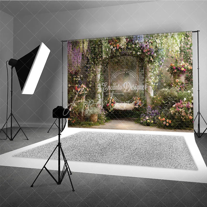 Aperturee - Aperturee Enchanting Garden Floral Archway Photography Backdrop Dreamy Swing and Lush Colorful Blooms