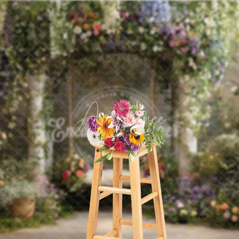Aperturee - Aperturee Enchanting Garden Floral Archway Photography Backdrop Dreamy Swing and Lush Colorful Blooms