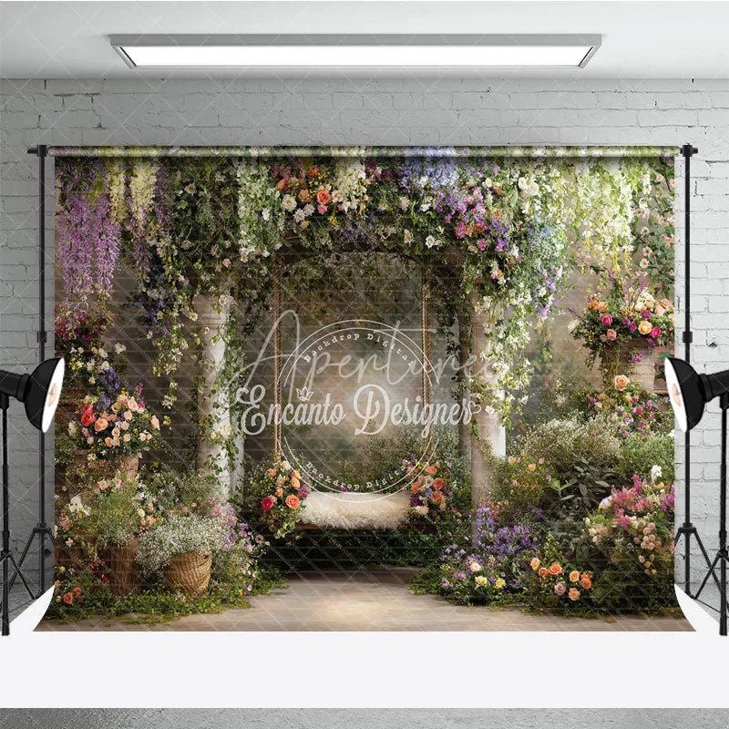 Aperturee - Aperturee Enchanting Garden Floral Archway Photography Backdrop Dreamy Swing and Lush Colorful Blooms