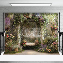 Aperturee - Aperturee Enchanting Garden Floral Archway Photography Backdrop Dreamy Swing and Lush Colorful Blooms
