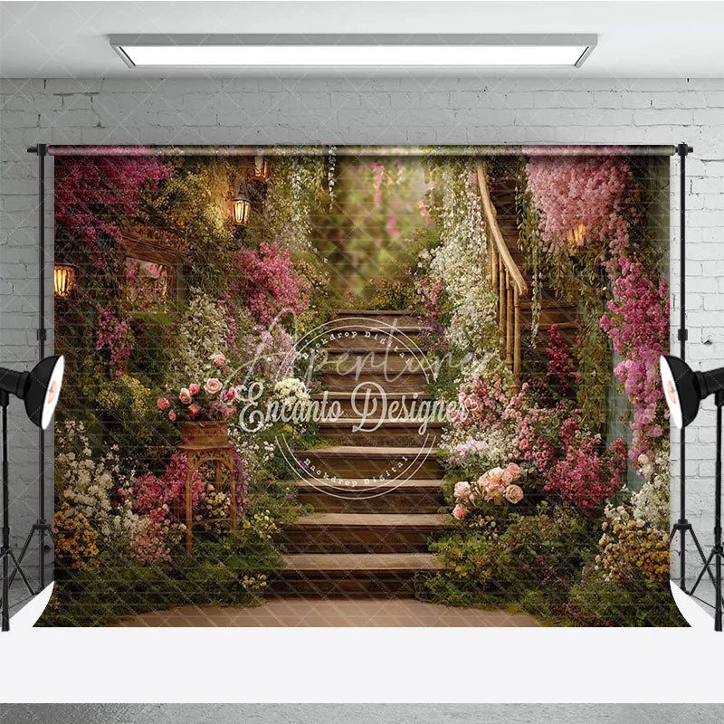 Aperturee - Aperturee Enchanting Garden Photography Backdrop with Winding Wooden Staircase Pink Flowers and Lanterns