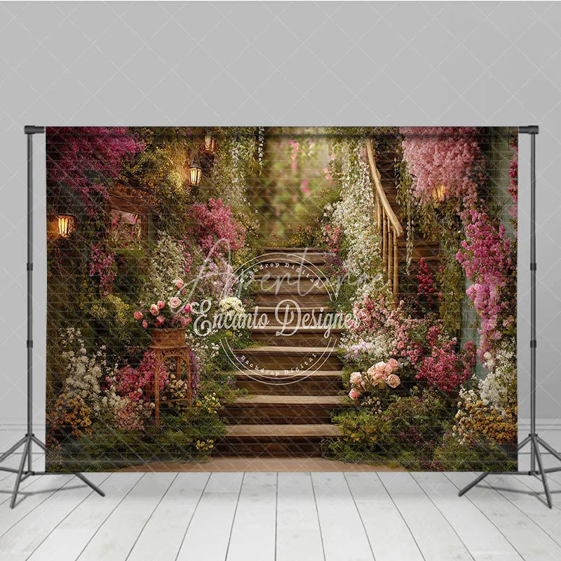 Aperturee - Aperturee Enchanting Garden Photography Backdrop with Winding Wooden Staircase Pink Flowers and Lanterns