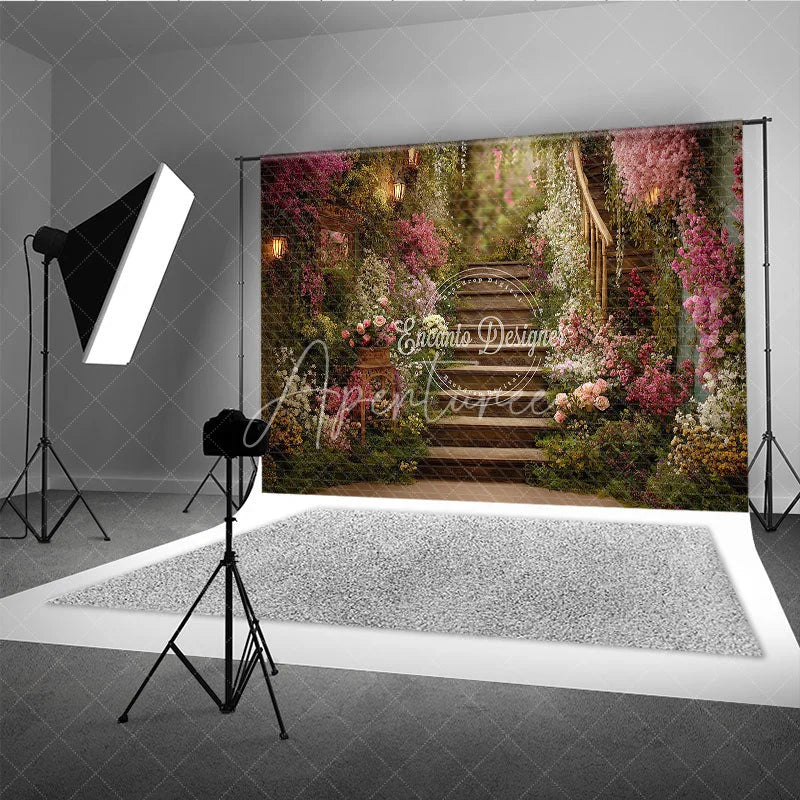 Aperturee - Aperturee Enchanting Garden Photography Backdrop with Winding Wooden Staircase Pink Flowers and Lanterns