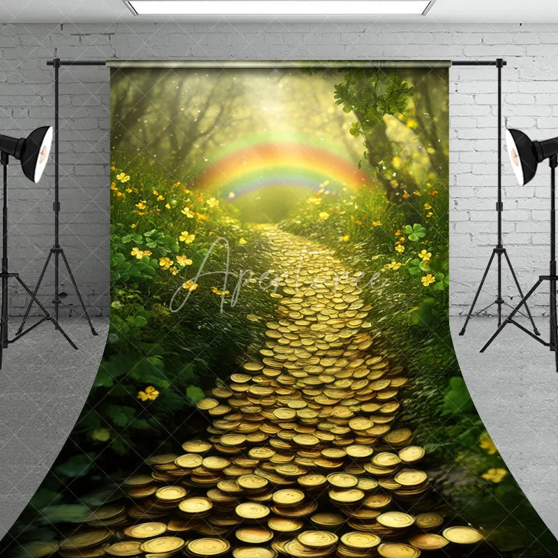 Aperturee - Aperturee Enchanting Green Forest Gold Coin Path Sweep Backdrop Lucky Rainbow St. Patrick’s Day Theme for Photography