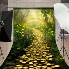Aperturee - Aperturee Enchanting Green Forest Gold Coin Path Sweep Backdrop Lucky Rainbow St. Patrick’s Day Theme for Photography