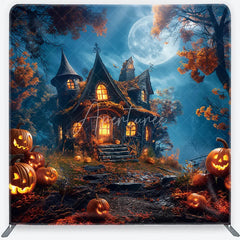 Aperturee - Aperturee Enchanting Halloween Haunted House Square Double-Sided Backdrop Full Moon and Jack-O’-Lanterns Decor