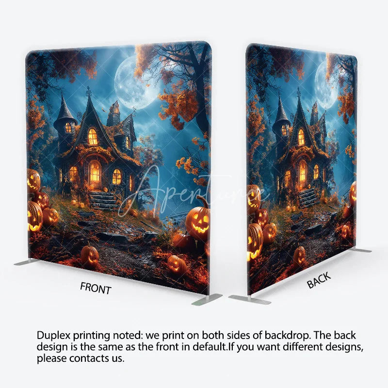 Aperturee - Aperturee Enchanting Halloween Haunted House Square Double-Sided Backdrop Full Moon and Jack-O’-Lanterns Decor