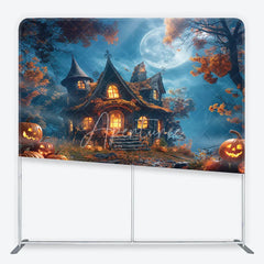 Aperturee - Aperturee Enchanting Halloween Haunted House Square Double-Sided Backdrop Full Moon and Jack-O’-Lanterns Decor