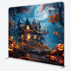 Aperturee - Aperturee Enchanting Halloween Haunted House Square Double-Sided Backdrop Full Moon and Jack-O’-Lanterns Decor