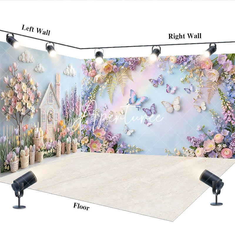 Aperturee - Aperturee Enchanting Pastel Spring Garden House and Butterfly Room Set Backdrop Fantasy Floral Party Decor