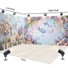 Aperturee - Aperturee Enchanting Pastel Spring Garden House and Butterfly Room Set Backdrop Fantasy Floral Party Decor