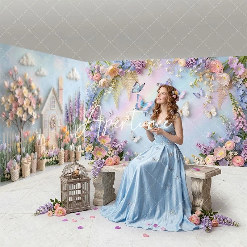 Aperturee - Aperturee Enchanting Pastel Spring Garden House and Butterfly Room Set Backdrop Fantasy Floral Party Decor