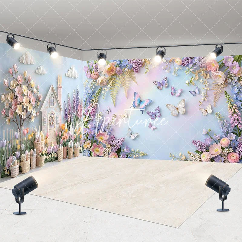 Aperturee - Aperturee Enchanting Pastel Spring Garden House and Butterfly Room Set Backdrop Fantasy Floral Party Decor