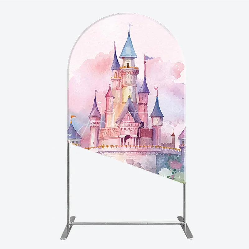 Aperturee - Aperturee Enchanting Pastel Watercolor Castle Fairytale Round Top Arch Backdrop Princess Birthday Baby Shower Decor