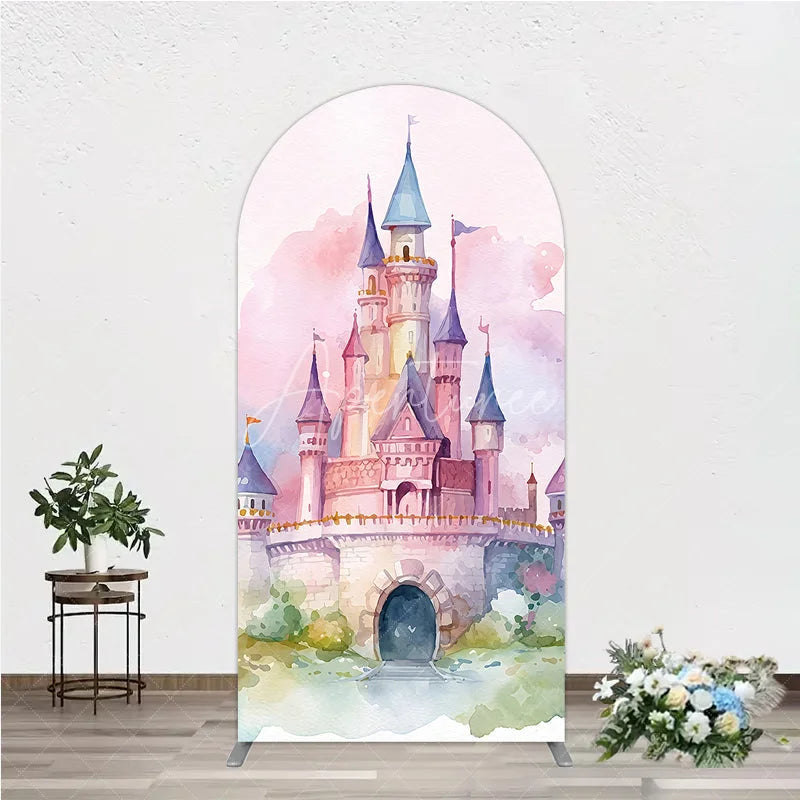 Aperturee - Aperturee Enchanting Pastel Watercolor Castle Fairytale Round Top Arch Backdrop Princess Birthday Baby Shower Decor