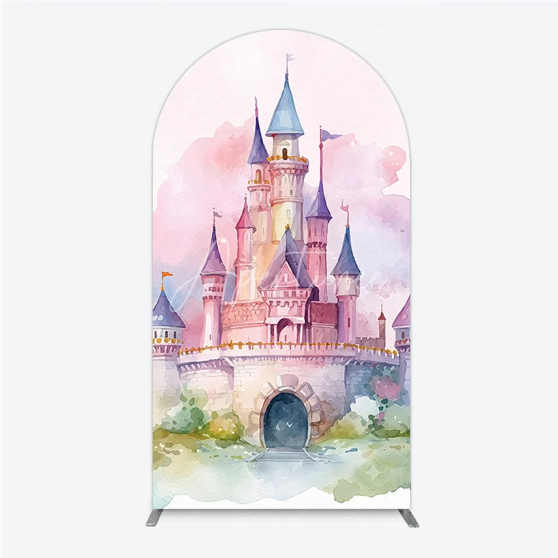 Aperturee - Aperturee Enchanting Pastel Watercolor Castle Fairytale Round Top Arch Backdrop Princess Birthday Baby Shower Decor