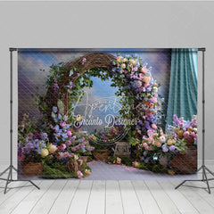 Aperturee - Aperturee Enchanting Rustic Floral Arch Photography Backdrop with Pastel Flowers Green Foliage for Wedding or Baby Shower