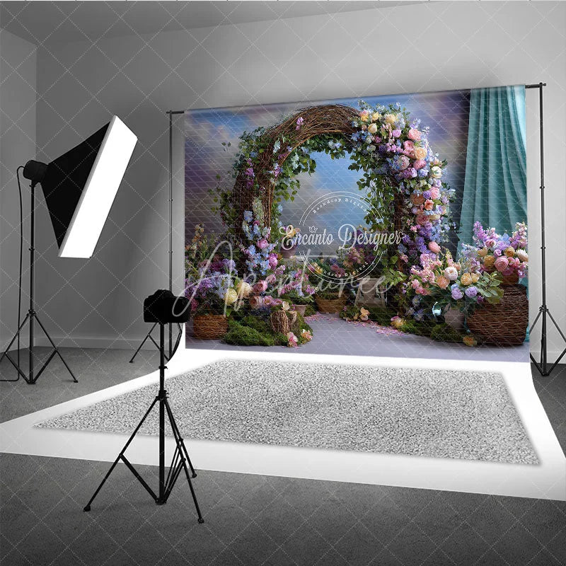 Aperturee - Aperturee Enchanting Rustic Floral Arch Photography Backdrop with Pastel Flowers Green Foliage for Wedding or Baby Shower