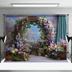 Aperturee - Aperturee Enchanting Rustic Floral Arch Photography Backdrop with Pastel Flowers Green Foliage for Wedding or Baby Shower