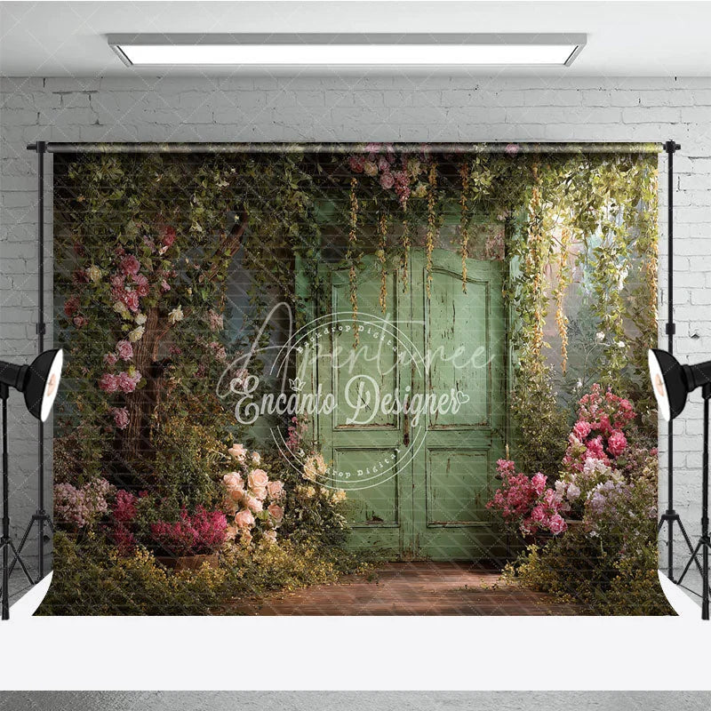Aperturee - Aperturee Enchanting Secret Garden Photography Backdrop with Weathered Green Door Lush Pink Roses and Climbing Vines