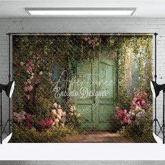 Aperturee - Aperturee Enchanting Secret Garden Photography Backdrop with Weathered Green Door Lush Pink Roses and Climbing Vines