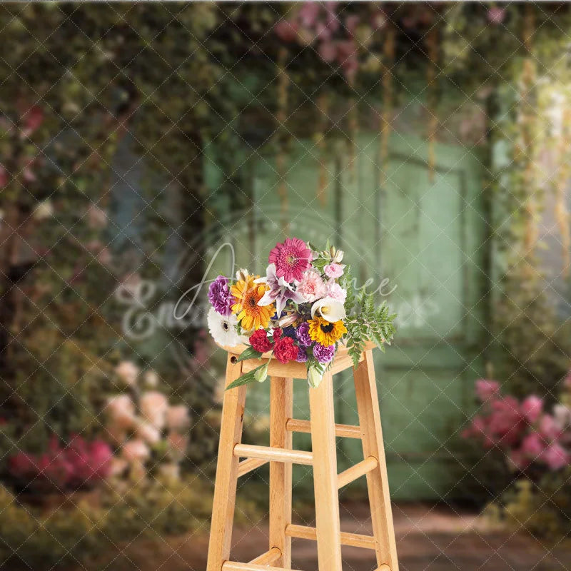 Aperturee - Aperturee Enchanting Secret Garden Photography Backdrop with Weathered Green Door Lush Pink Roses and Climbing Vines