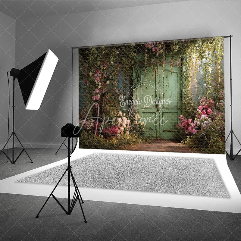 Aperturee - Aperturee Enchanting Secret Garden Photography Backdrop with Weathered Green Door Lush Pink Roses and Climbing Vines