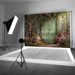 Aperturee - Aperturee Enchanting Secret Garden Photography Backdrop with Weathered Green Door Lush Pink Roses and Climbing Vines