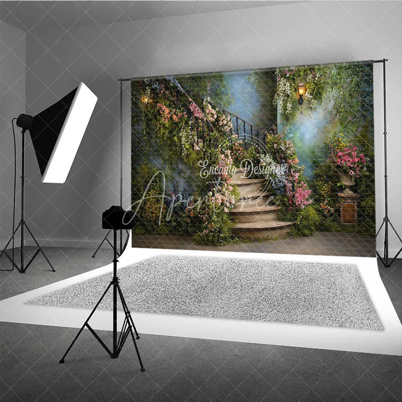 Aperturee - Aperturee Enchanting Secret Garden Photography Backdrop with Winding Stone Staircase Lush Flowers and Antique Lanterns