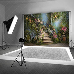 Aperturee - Aperturee Enchanting Secret Garden Photography Backdrop with Winding Stone Staircase Lush Flowers and Antique Lanterns