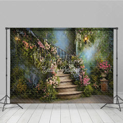 Aperturee - Aperturee Enchanting Secret Garden Photography Backdrop with Winding Stone Staircase Lush Flowers and Antique Lanterns