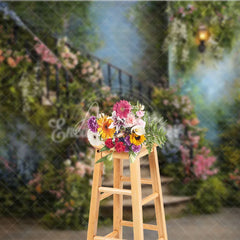 Aperturee - Aperturee Enchanting Secret Garden Photography Backdrop with Winding Stone Staircase Lush Flowers and Antique Lanterns