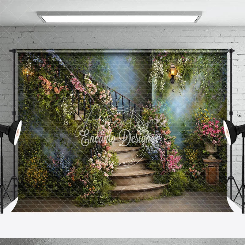 Aperturee - Aperturee Enchanting Secret Garden Photography Backdrop with Winding Stone Staircase Lush Flowers and Antique Lanterns