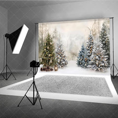 Aperturee - Aperturee Enchanting Snowy Winter Forest Holiday Backdrop with Decorated Christmas Trees Golden Ornaments and Pinecones