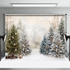 Aperturee - Aperturee Enchanting Snowy Winter Forest Holiday Backdrop with Decorated Christmas Trees Golden Ornaments and Pinecones