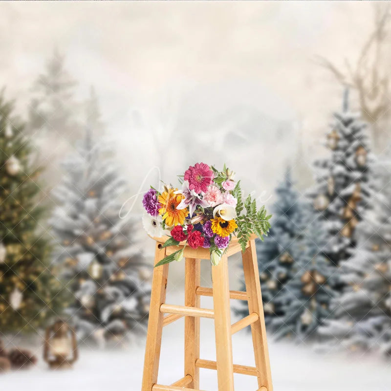 Aperturee - Aperturee Enchanting Snowy Winter Forest Holiday Backdrop with Decorated Christmas Trees Golden Ornaments and Pinecones