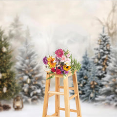 Aperturee - Aperturee Enchanting Snowy Winter Forest Holiday Backdrop with Decorated Christmas Trees Golden Ornaments and Pinecones