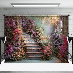 Aperturee - Aperturee Enchanting Winding Staircase Photography Backdrop with Vibrant Bougainvillea and Lush Greenery
