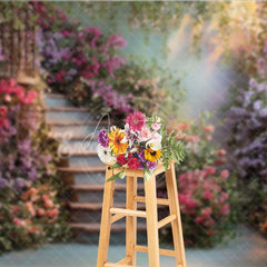 Aperturee - Aperturee Enchanting Winding Staircase Photography Backdrop with Vibrant Bougainvillea and Lush Greenery