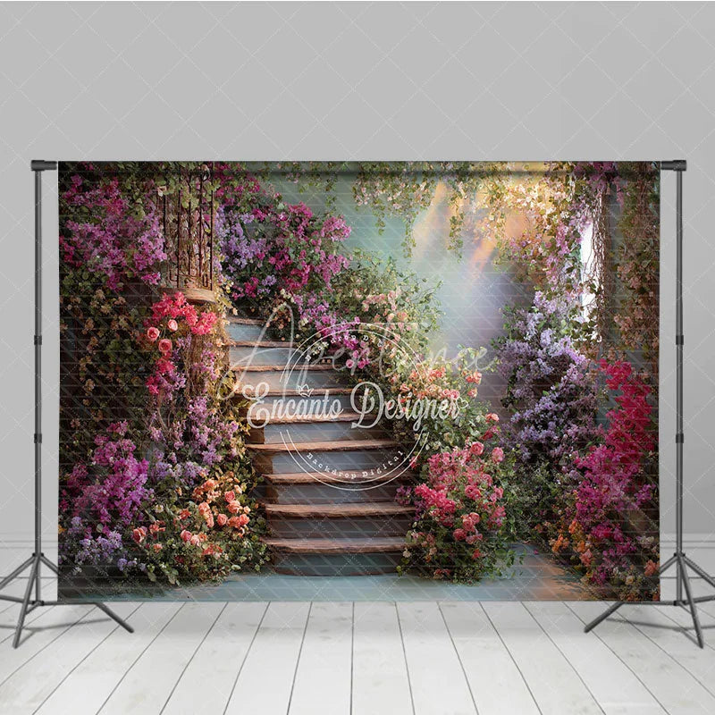 Aperturee - Aperturee Enchanting Winding Staircase Photography Backdrop with Vibrant Bougainvillea and Lush Greenery