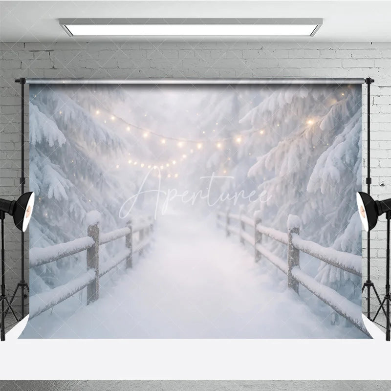 Aperturee - Aperturee Enchanting Winter Forest Photography Backdrop with Snow Covered Pine Trees Rustic Fence and Warm Fairy Lights