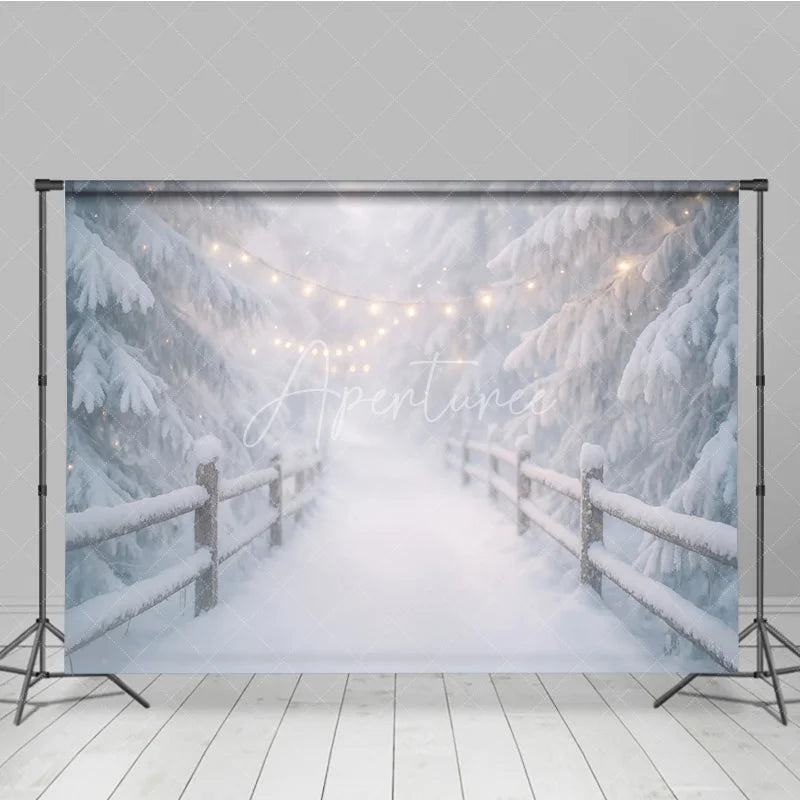 Aperturee - Aperturee Enchanting Winter Forest Photography Backdrop with Snow Covered Pine Trees Rustic Fence and Warm Fairy Lights